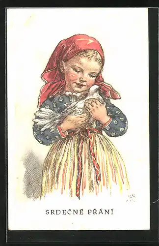Künstler-AK M. Fischerova-Kvechova (MFK): Srdecna Prani, Mädchen mit rotem Kopftuch und weisser Taube in den Händen