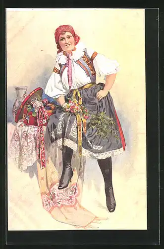 AK Frau in volkstümlicher Kleidung, Zeichnung von Karel Simunek