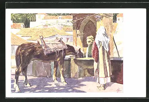 Künstler-AK Ragusa, Pferd trinkt aus Brunnen