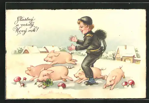 AK Schornsteinfeger mit kleinen Schweinen