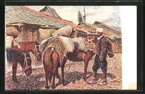 Künstler-AK Bosnischer Holzverkäufer mit Pferden