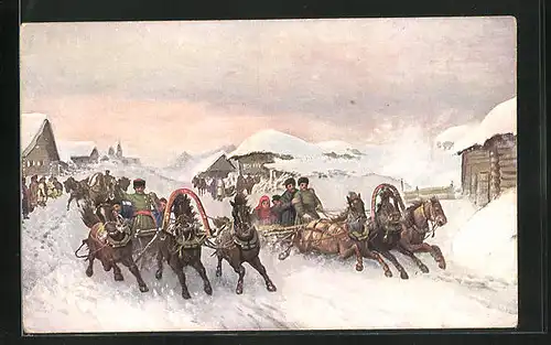 Künstler-AK Russische Pferdeschlitten eilen durch verschneites Dorf