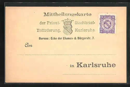 AK Karlsruhe, Mittheilungskarte der Privat-Stadtbrief-Beförderung