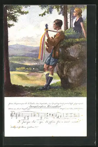 Künstler-AK Isergebirglers Heimatlied, Camping