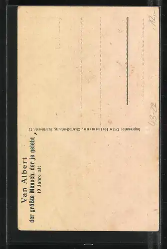 Künstler-AK Riese im Alltag, Van Albert der grösste Mensch der je lebte 19 Jahre alt
