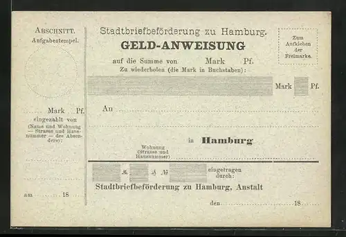 Geld-Anweisung Hamburg, Private Stadtpost Stadtbriefbeförderung zu Hamburg
