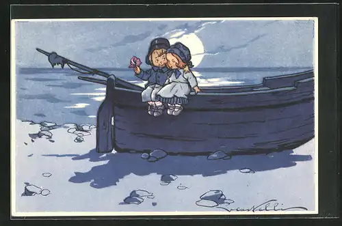Künstler-AK Castelli: Kinder im Boot bei Mondschein am Meer