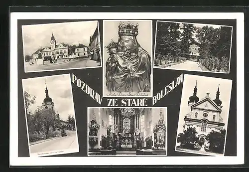AK Alt Bunzlau / Stara Boleslav / Brandeis (NL), Kirche, Innenansicht, Ortspartie mit Rathaus