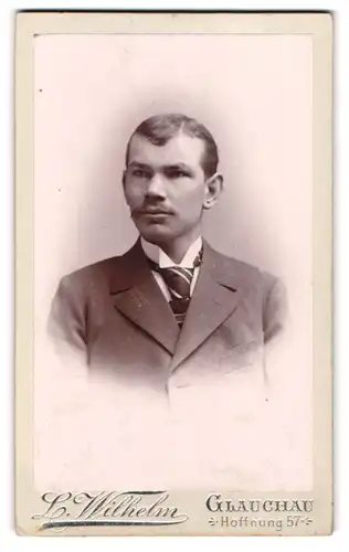 Fotografie L. Wilhelm, Glauchau, Hoffnung 57, Portrait von jungem Mann mit Schnurrbart im Anzug mit Krawatte