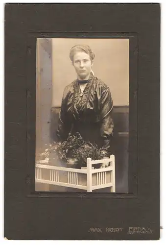 Fotografie Max Holdt, Pirna a /E., Garten-Strasse 31, Portrait junge Dame in hübscher Bluse mit Medaillon