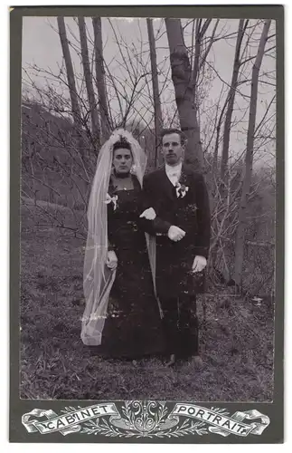 Fotografie unbekannter Fotograf und Ort, Portrait junges Paar in Hochzeitskleidung mit Schleier