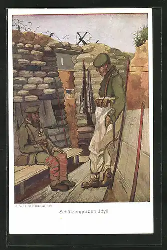 Künstler-AK sign. J. Seitz: Schützengraben-Idyll, Zwei Soldaten in Uniform