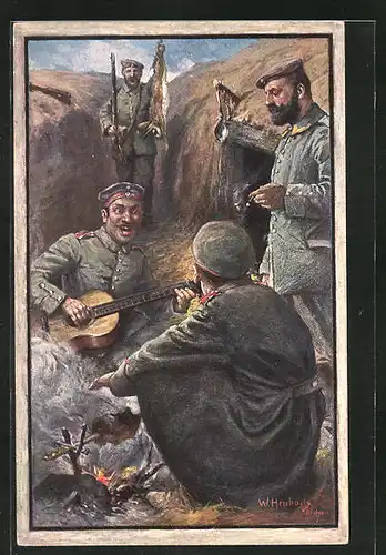 Künstler-AK sign. W. Heubach: Eine Abwechlung, Soldaten mit Gitarre