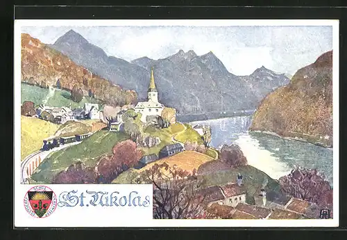 Künstler-AK Deutscher Schulverein Nr. 285: St. Nikolas, Ortspartie mit Kirche und Eisenbahn