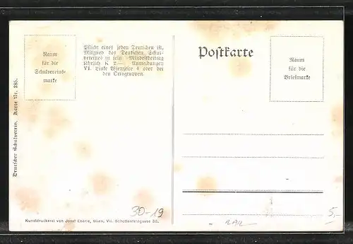 Künstler-AK Deutscher Schulverein Nr. 285: St. Nikolas, Ortspartie mit Kirche und Eisenbahn