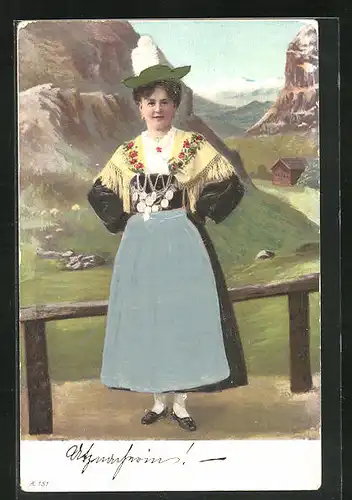 Stoff-Präge-AK Dame aus den Bergen in Tracht