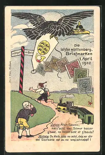 Künstler-AK Die letzten württemberg. Briefmarken 1902, Postgeschichte