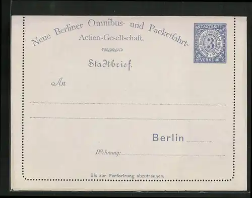 AK Berlin, Stadtbrief der Neue Berliner Omnibus- und Packetfahrt AG, Private Stadtpost, 3 Pfg.