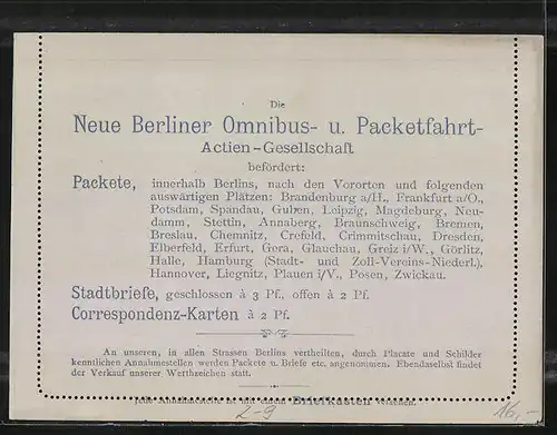 AK Berlin, Stadtbrief der Neue Berliner Omnibus- und Packetfahrt AG, Private Stadtpost, 3 Pfg.