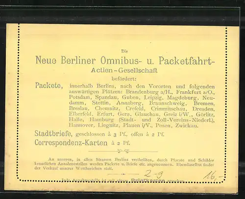 AK Berlin, Stadtbrief der Neue Berliner Omnibus- und Packetfahrt AG, Private Stadtpost, 3 Pfg.