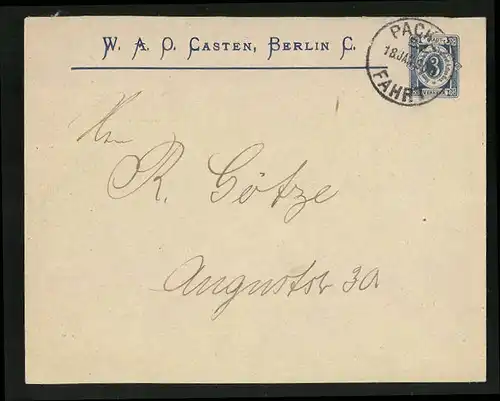 Briefumschlag Berlin, Neue Berl. Omnibus- u. Packetfahrt-Actien-Ges., Private Stadtpost 1890, Absender W. A. O. Casten