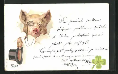 Lithographie Schwein mit Zylinder und Monokel, vermenschlichte Tiere