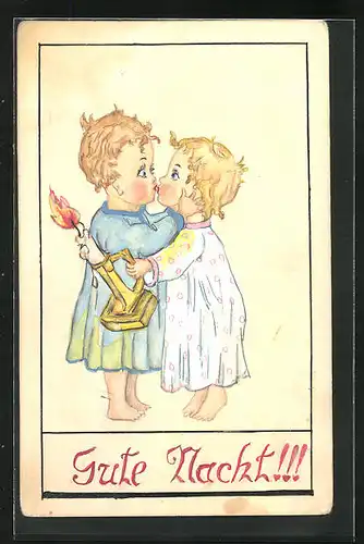 Künstler-AK Handgemalt: zwei Kinder mit Kerze geben sich einen Kuss, Gute Nacht