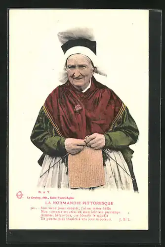 AK Normandie, Betagte Dame beim Stricken