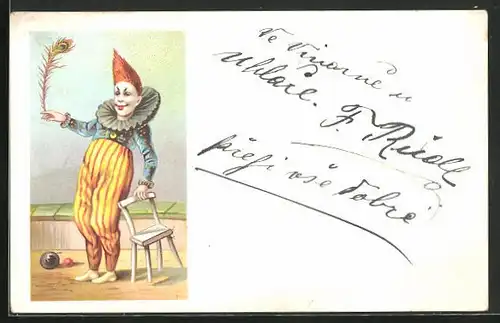 Lithographie Clown mit Pfauenfeder in der Manege