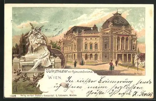 Künstler-AK Wien, Volkstheater mit Raimunds Denkmal