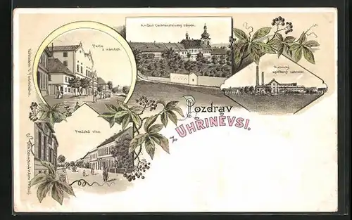 Lithographie Prag / Praha-Uhrineves, Partie z namesti, Prazska ulice, Rolnicky spolkovy cukrovar