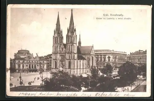 AK Prag / Praha, Kral. Vinohrady, Kostel sv. Ludmily a meste. divadlo, Kirche, Theater