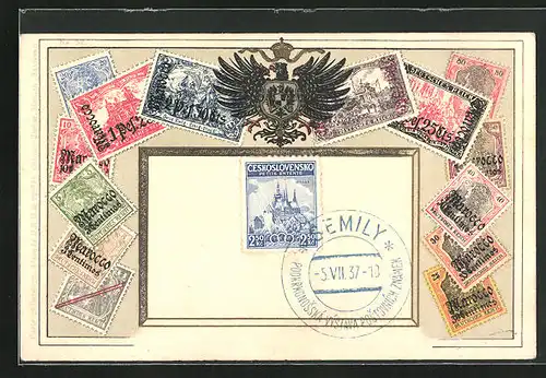 AK Briefmarken aus Marocco, dem Deutschen Reich und Tschechien