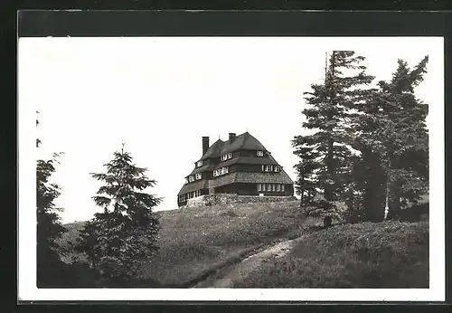AK Chata Masarykova, Ortspartie mit Berghütte, Adlergebirge