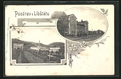 AK Libstat, Bahnhof, Ortspartie mit Schlot