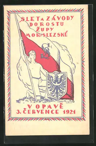 AK Opava, Sokol 1921, Turner mit Wappen und Fahne