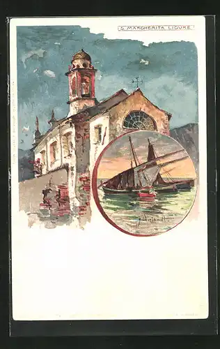 Künstler-AK Manuel Wielandt: S. Margherita Ligure, Kirche, Fischerboote im Abendrot