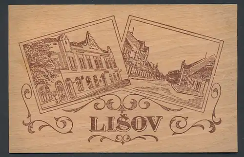 Holz-AK Lisov, Hotel Obec und Rathaus, Strassenpartie
