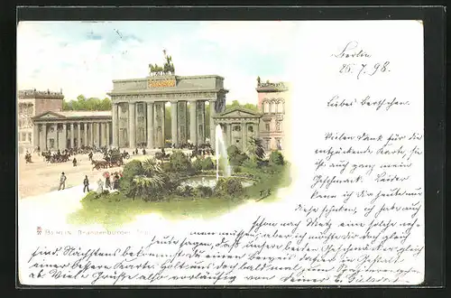 Lithographie Berlin, Brandenburger Tor mit Fontäne & Pferdewägen