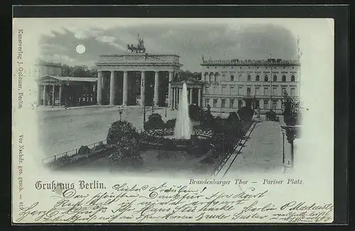 Mondschein-AK Berlin, Brandenburger Tor & Pariser Platz mit Fontäne