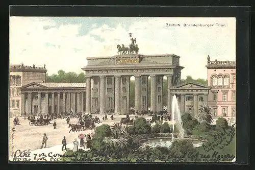 Künstler-AK Berlin, Brandenburger Tor mit Pferdewägen und Fontäne