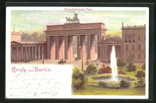 Künstler-AK Berlin, Brandenburger Tor mit Pferdewägen und Fontäne