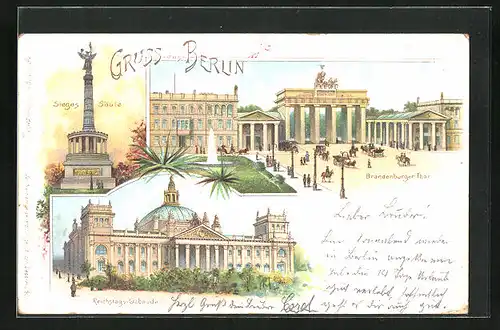 Lithographie Berlin, Brandenburger Tor, Sieges-Säule, Reichstags-Gebäude