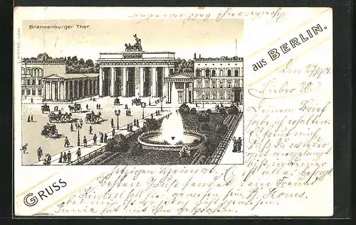 Künstler-AK Berlin, Brandenburger Tor mit Fontäne und Pferdewägen