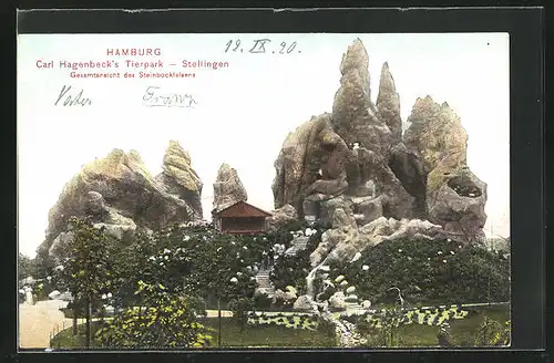 AK Hamburg-Stellingen, Carl Hagenbeck`s Tierpark, Gesamtansicht des Steinbockfelsens