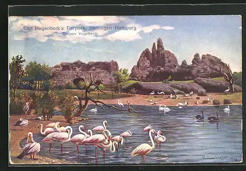 Künstler-AK Hamburg-Stellingen, Carl Hagenbeck`s Tierpark, Grosser Vogelteich