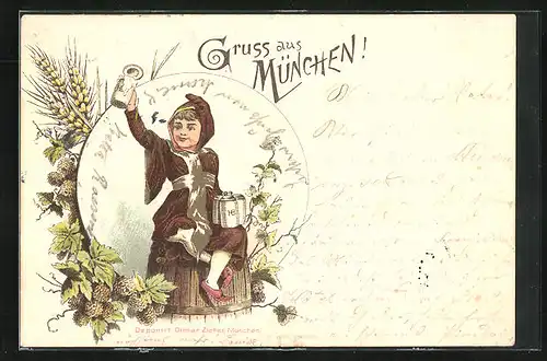 Vorläufer-Lithographie Münchner Kindl grüsst mit Bierkrügen, 1893