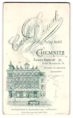 Fotografie Carl Donat, Chemnitz, Äussere Klosterstr. 34, Ansicht Chemnitz, Strassnebahn vor dem Ateliersgebäude