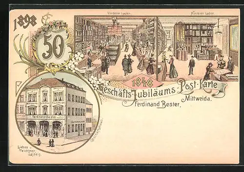 Lithographie Mittweida, Geschäfts-Jubiläums-Postkarte Kaufhaus Ferdinand Bester, Markt 23, Aussen- und Innenansichten