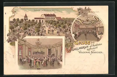 Lithographie Berlin-Wilhelmsruh, Restaurant von Waldemar Schneider, Aussen- und Innenansichten